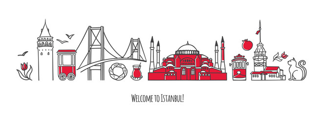 Obraz premium Vector modern illustration Istanbul. Hagia Sophia, Galata Tower and other famous Turkish symbols and landmarks. Travel to Turkey conception. Horizontal panoramic scene for banner or print design. 