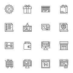 E-commerce line icons set. linear style symbols collection outline signs pack. Online shopping vector graphics. Set includes icons as discount label, shopping bag, sale sign, package tracking, payment