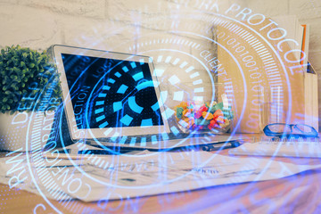 Multi exposure of desktop with personal computer and tech theme drawing. Concept of Bigdata.
