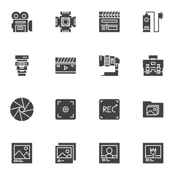 Video and Photo vector icons set, modern solid symbol collection, filled style pictogram pack. Signs, logo illustration. Set includes icons as camera focus viewfinder, clapperboard, portfolio gallery