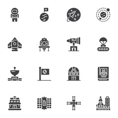 Space, astronomy vector icons set, modern solid symbol collection, filled style pictogram pack. Signs, logo illustration. Set includes icons as astronaut, satellite, observatory telescope, spaceship