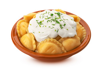 Dumplings, russian vareniki, pelmeni isolated on white background