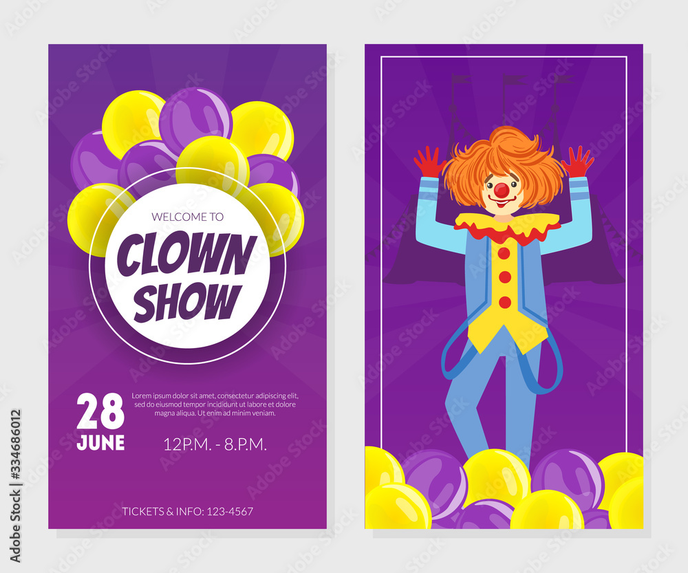 Poster clown show invitation card, poster or banner template, circus performance vector illustration