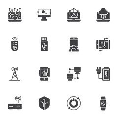 Electronic technology vector icons set, modern solid symbol collection, filled style pictogram pack. Signs, logo illustration. Set includes icons as broadcast antenna, wireless remote control, usb