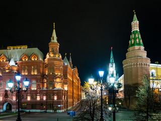 Museum and Kremlin towers in Moscow at night
