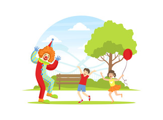 Obraz na płótnie Canvas Funny Circus Clown and Happy Kids, Children Having Fun at Holiday Party Vector Illustration