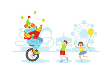 Fototapeta premium Funny Circus Clown Juggling Balls on Unicycle, Happy Kids Having Fun at Holiday Party Vector Illustration