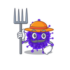 Cartoon character design of nidovirales as a Farmer with hat and pitchfork