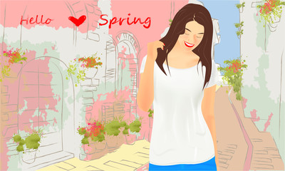 Hello Spring banner with cute girl with tulips on a street. Buildings, greens and flowers