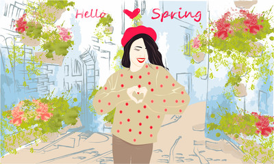 Hello Spring banner with cute girl on a street. Buildings, greens and flowers