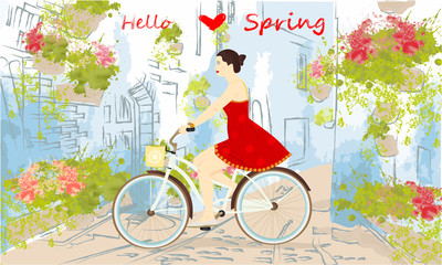 Hello Spring banner with cute girl on a bike on a street. Buildings, greens and flowers