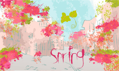 Spring banner with Buildings, greens and flowers, spring