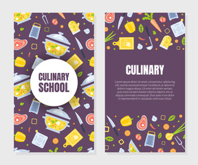 Cooking Class Card Template with Kitchen Utensils Seamless Pattern, Culinary Course o School Design Element Can Be Used for Banner, Brochure, Flyer, Certificate, Card Vector Illustration