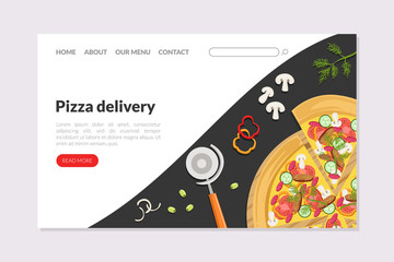Naklejka premium Pizza Delivery Landing Page Templatet, Fresh Tasty Food Express Delivery Service Vector Illustration