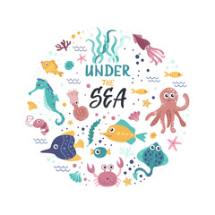 Cute poster with seaweeds and fishes