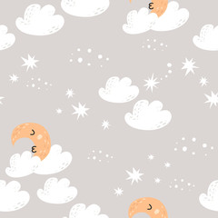 Fototapeta na wymiar Seamless pattern with cute moon, stars and clouds