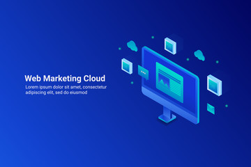 Data driven marketing, cloud computing, digital ad , technology, business, internet and communication system. Web banner template isometric design concept with text.