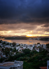 Amazing sunset on the beautiful harbor city Bodrum Turkey.