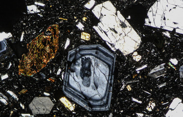 Big minerals of a volcanic rock under microscope