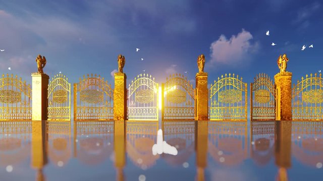 Golden gates of heaven opening revealing glowing angel and flying white doves, 4K