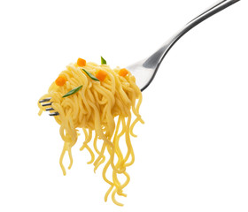Instant noodles with fork isolated on white background
