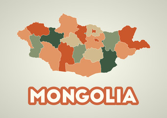Mongolia poster in retro style. Map of the country with regions in autumn color palette. Shape of Mongolia with country name. Trendy vector illustration.