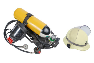 Breathing Air Cylinder Assembly, Full Facepiece Respirator and helmet for firefighters isolated