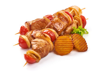 Grilled meat skewers, roasted shish kebab with onion and tomatoes, isolated on white background