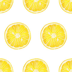 round piece of lemon seamless pattern isolated on white background. Realistic style square raster hand-drawn gouache lemon circle
