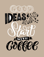 Motivation quote. Hand drawn doodle lettering about coffee. Good ideas start with coffee. Postcard art.