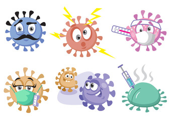 Funny coronavirus Covid 19 set. Vector flat style cartoon character illustration. Isolated on white background. Virus icon.