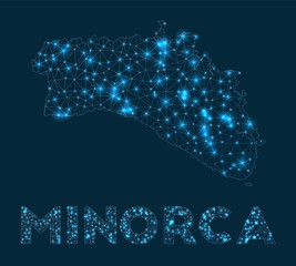 Minorca network map. Abstract geometric map of the island. Internet connections and telecommunication design. Modern vector illustration.
