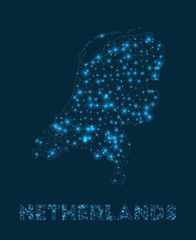 Netherlands network map. Abstract geometric map of the country. Internet connections and telecommunication design. Cool vector illustration.