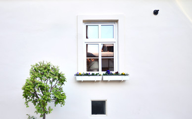 Neat facade of house with white frame window decorated with flowers. Building exterior on a quiet European street.