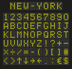 Fototapeta na wymiar Light yellow digital font, letters and numbers. English alphabet in digital screen. LED board concept for billboards, airport, sports matches, and advertising. Vector