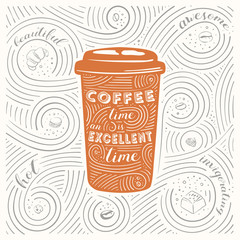 Card with coffee theme. The Lettering - Coffee time is an excellent time. Coffee elements and coffee accessories. Illustration for cafe, restaurant and home. - 334692274