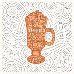 Card with coffee theme. The Lettering - Pleasant stories with coffee. Coffee elements and coffee accessories. Illustration for cafe, restaurant and home. - 334692292