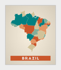 Brazil poster. Map of the country with colorful regions. Shape of Brazil with country name. Awesome vector illustration.