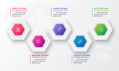 Abstract business infographics template with 5 hexagon in white color background