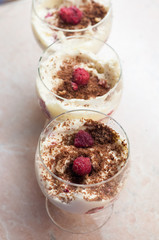 Raspberry dessert, cheesecake, trifle cake, mouse in glasses
