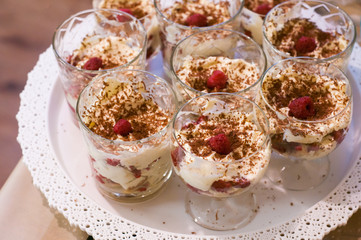 Raspberry dessert, cheesecake, trifle cake, mouse in glasses