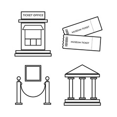 Set of icons museum. Ticket, office, symbol, fence, picture. Outline style. Vector illustration.