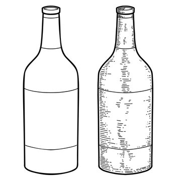 Illustration of wine bottle in engraving style. Design element for poster, card, banner, flyer.