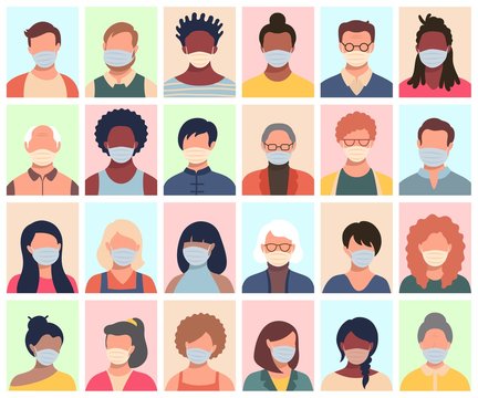 Set of persons, avatars, people heads of different ethnicity and age in protective masks. Men and women in flat style following recommendations for the prevention of coronavirus.