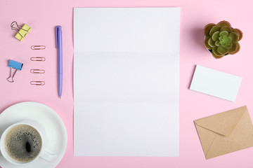 White stationery branding, stage layout on a soft colored background, empty objects to accommodate...