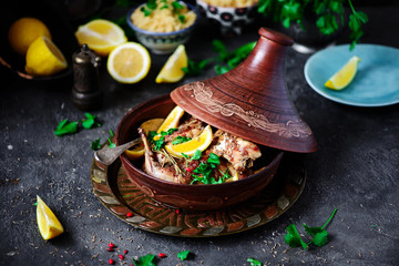 Rabbit with lemon in tajine.style vintage