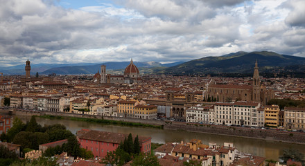 Fototapeta premium Florence - view at Arno river and old town of Florence. Santa Croce, Florence Cathedral (Duomo di Firenze). Tuscany, Italy.