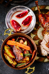 Roast honey mustard glazed duck.top view..
