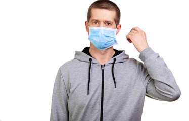 Sports man in hooded dress medical mask on face isolated