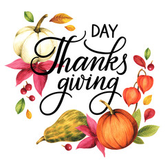 Thanksgiving Day. Watercolor floral design card with pumpkins and flowers. Autumn illustration.